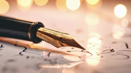 Elegant fountain pen with gold nib poised over calligraphy script on reflective surface against blurred background with bokeh lights - Powered by Adobe