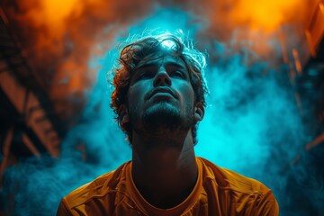 A young man, deep in thought, captures attention with his expressive pose amidst a vibrant display of colorful smoke and light in an urban setting, evoking strong emotions.