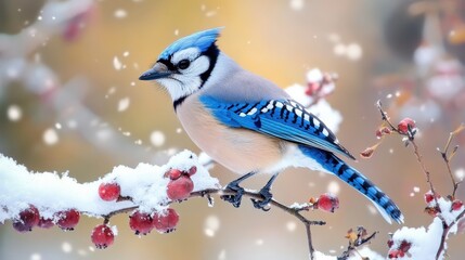 Winter scene featuring a blue jay perched on a snowy branch.