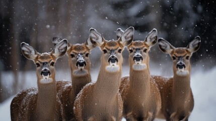 Five deer in a snowy forest scene.