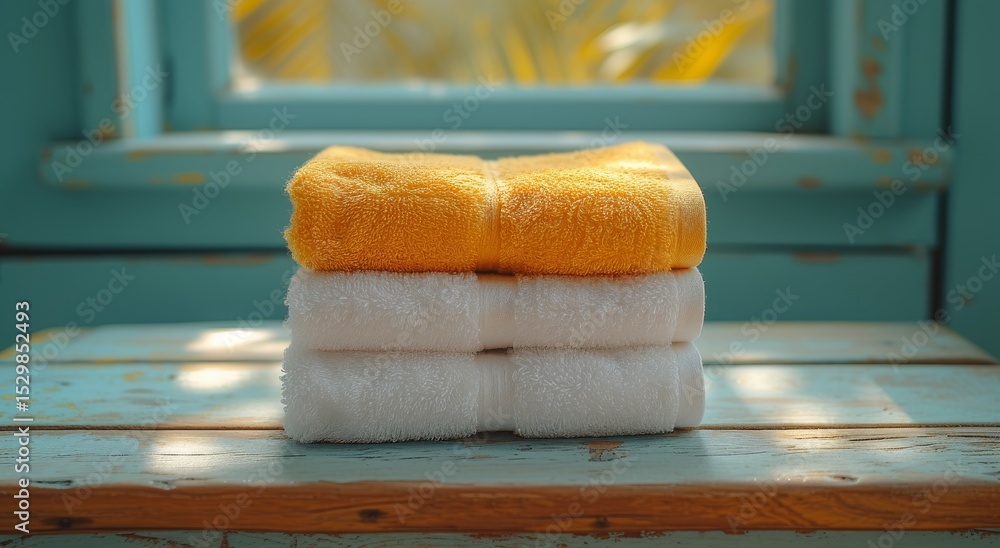 Poster three neatly stacked colorful towels on a rustic wooden table create a visually appealing arrangemen
