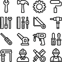 Line vector set of construction and repair tools icons including workers and drills
