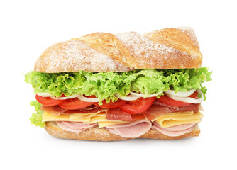 Tasty baguette sandwich with ham and vegetables isolated on white