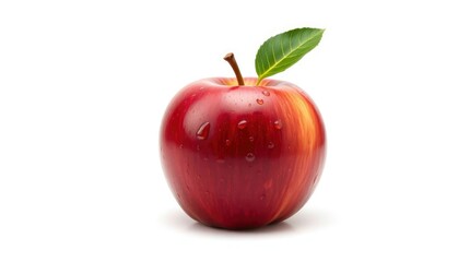 A shiny red apple with a stem and leaf adorned with water droplets sits against a white background