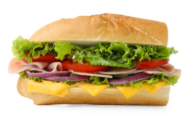 Tasty baguette sandwich with ham, cheese and vegetables isolated on white