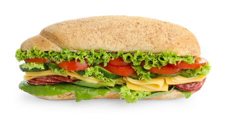 Tasty baguette sandwich with smoked sausage, cheese and vegetables isolated on white