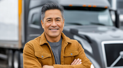 Middle-age Native American, Indigenous man standing with arms crossed in front of his semi-truck, long haul driver