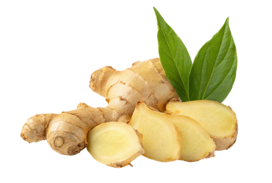 Fresh ginger root with green leaves and ginger slices for cooking and healthy eating benefits 100 characters