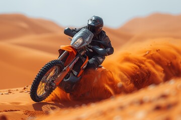 An exhilarating image capturing a dirt bike rider speeding through sandy dunes, showcasing the thrill of adventure and freedom in a vast desert environment.