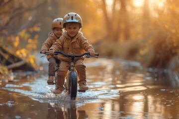 Two joyful kids riding bicycles through a shallow waterlogged path, illuminated by the warm golden hues of sunset, capturing the essence of childhood adventure in nature.