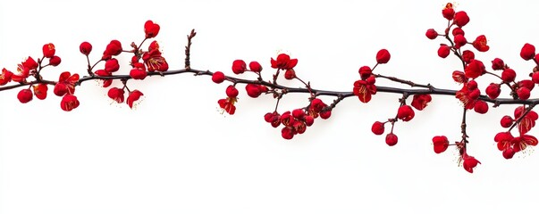 Red Plum Blossom Branch on White, Spring Bloom, Asian Flower Spring, Botany