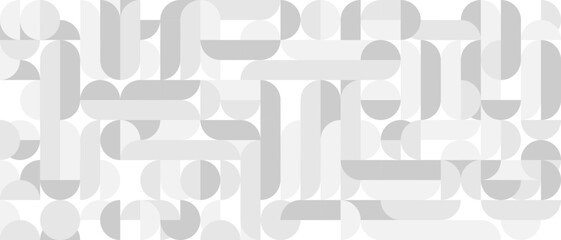 White trendy seamless background of circles and squares in modern Scandinavian style. Cover of gray geometric shapes in retro texture for wallpaper or packaging.