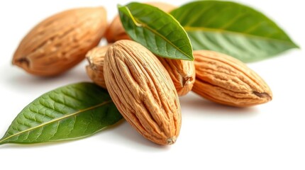 Closeup almonds  leaves showing textured shells  vivid green foliage Soft light on white