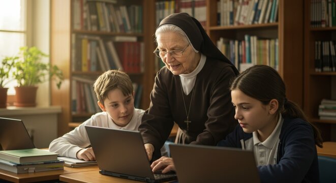 Elderly nun teaching children on laptops in school library