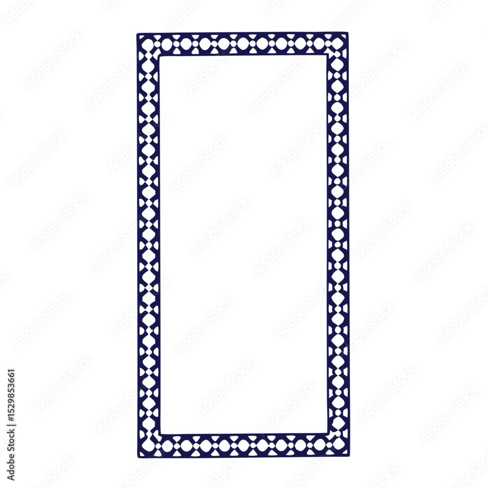 Poster a navy blue and white rectangular frame with an intricate geometric pattern, isolated on white backg
