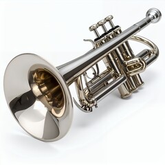Obraz premium Shiny silver trumpet, reflecting light, intricate musical instrument detailed, gleaming metalic elegance on white background
