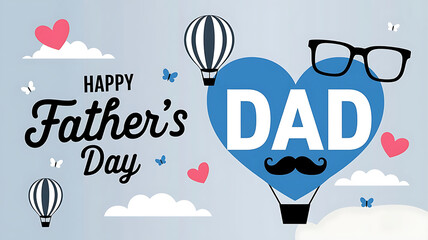 Happy Father's Day greeting card with heart shaped hot air balloon, mustache, and glasses