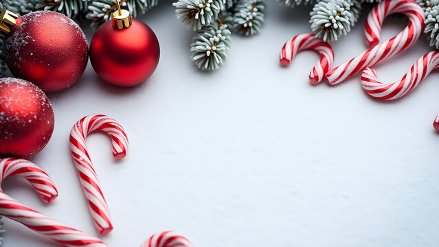 Christmas decorations with red ornaments and candy canes on a snowy surface, creating a festive atmosphere during the holiday season