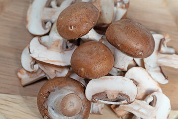 Fototapeta na wymiar Braune Champignons in einer Nahaufnahme