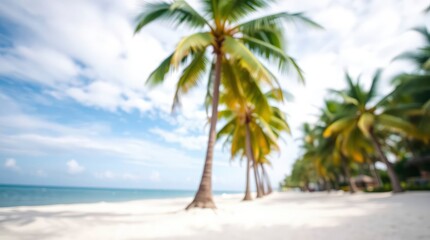 Fototapeta premium Outoffocus beach scene with white sand and a row of palm trees under a partly cloudy sky