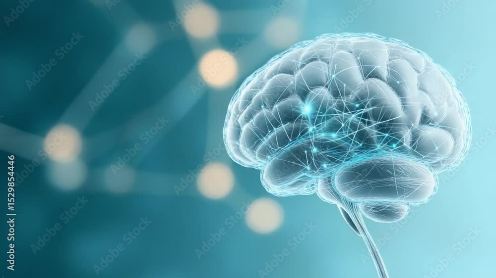 Aufkleber Human Brain Neural Network: A detailed digital rendering of a human brain, highlighting its complex neural network and intricate connections.  The image is set against a soft, teal bokeh background.