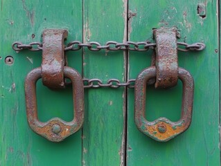 Rusty Chain and Green Door Clasps, Vintage Door Hardware, Old Door Security Vintage Door, Rustic Hardware