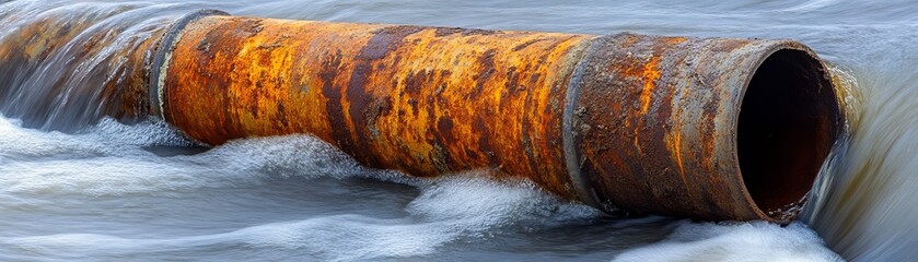 Rusty Pipe Underwater Discharge, Water Flow, Corrosion
