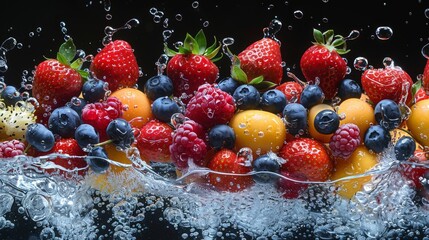 A breathtaking display of fresh fruits making a splash in water, capturing a moment of vibrancy and zest amidst droplets, celebrating freshness and the joy of healthy eating.