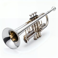 Obraz premium Silver cornet instrument glistening with reflective surfaces, displaying intricate craftsmanship on white background