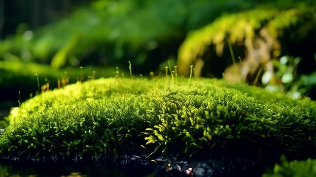 Green moss clumps covered with small shoots and flowing stream water in sunlit forest, scenic natural backdrop.