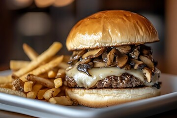 Wild mushroom burger featuring a thick mushroom patty, Swiss cheese, and sautéed mushrooms, served on a soft bun