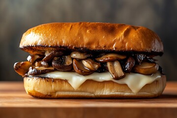 Wild mushroom burger featuring a thick mushroom patty, Swiss cheese, and sautéed mushrooms, served on a soft bun