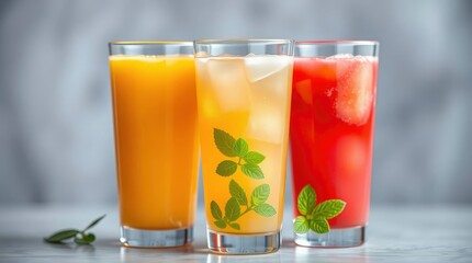 Fototapeta premium Three glasses of colorful drinks with a mint leaf decoration and ice cubes sit on a gray surface against a blurred background