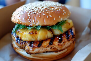 Yummy teriyaki burger with grilled chicken, sweet teriyaki sauce, and fresh pineapple, served in a sesame seed bun
