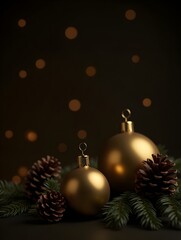 Golden Christmas Ornaments and Pine Cones on Dark Background with Bokeh Lights