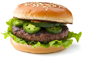 Zesty chipotle burger with a grilled beef patty, chipotle mayo, fresh lettuce, and spicy pickled jalapeños