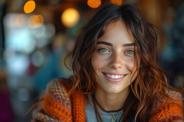 A cheerful young woman with wavy hair and captivating green eyes, radiating joy in a vibrant environment, perfect for conveying positivity and warmth in photography.