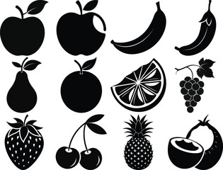 Illustration of a Variety of Black Silhouette Fruits Including Apple, Banana, and Pineapple