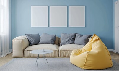 Modern living room with blank art