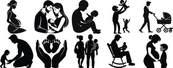 Naklejka premium Silhouettes of Families Expecting Mother, Parents with Baby, Father and Children, Baby Feet in Hands