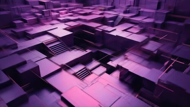 Abstract Geometric Arrangement of Cubes and Stairs in Purple and Pink Tones