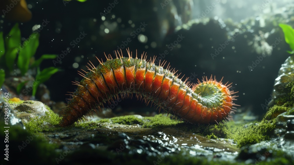 Poster a detailed macro image showing a segmented worm creature in its habitat