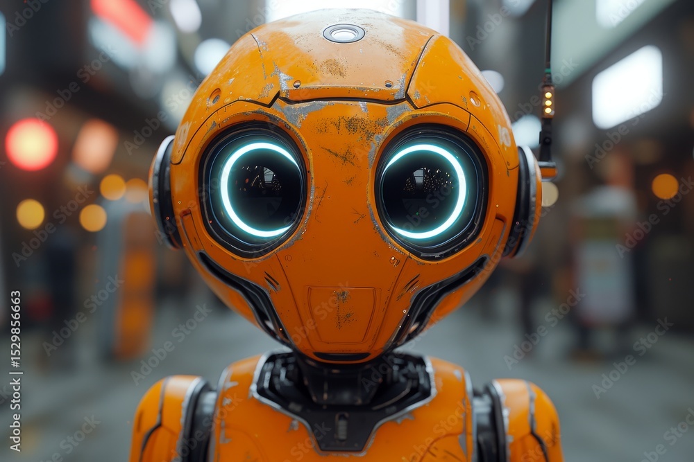 Poster an expressive robot with large glowing eyes stands in a bustling futuristic environment, embodying t