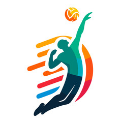Colorful dynamic silhouette of volleyball vector player spiking ball in vibrant motion vector design on transparent background for energetic sports branding and youth volleyball promotion