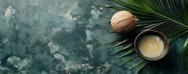 Tropical Coconut Milk on Dark Green Background, Coconut Oil, Natural Beauty Coconut, Skincare