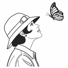 Elegant woman in hat watching butterfly