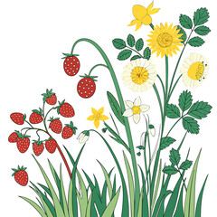 Vibrant spring flowers strawberries isolated on white