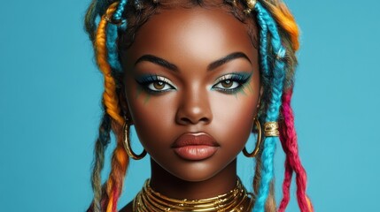 Vibrant Braids, Bold Makeup Colorful Portrait of Black Woman, beauty, fashion