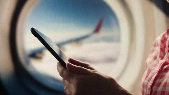 Using phone and tablet pc on airplane in air, Hands of traveller using smartphone for connecting, using app. Tourist waiting for boarding for vacation in airport. Green screen concept.