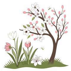 Spring blossoms tree tulips flowers isolated png